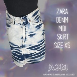 Zara Bleached Distressed Denim MIDI  Skirt Size XS